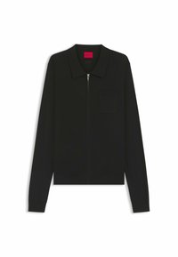 Cardigan nero con zip, colletto, maniche lunghe e taschino sul petto. Il tessuto appare liscio con una leggera elasticità. Etichetta del marchio in rosa brillante.