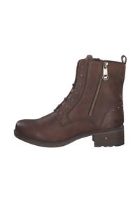 Bottines en cuir marron avec une fermeture éclair sur le côté, des clous décoratifs et un talon empilé. Dotées d'un bout arrondi et de détails en dentelle sur le devant.
