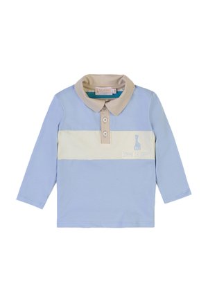 Polo a maniche lunghe azzurro chiaro con colletto beige e striscia orizzontale color crema. Presenta tre bottoni e un logo ricamato.