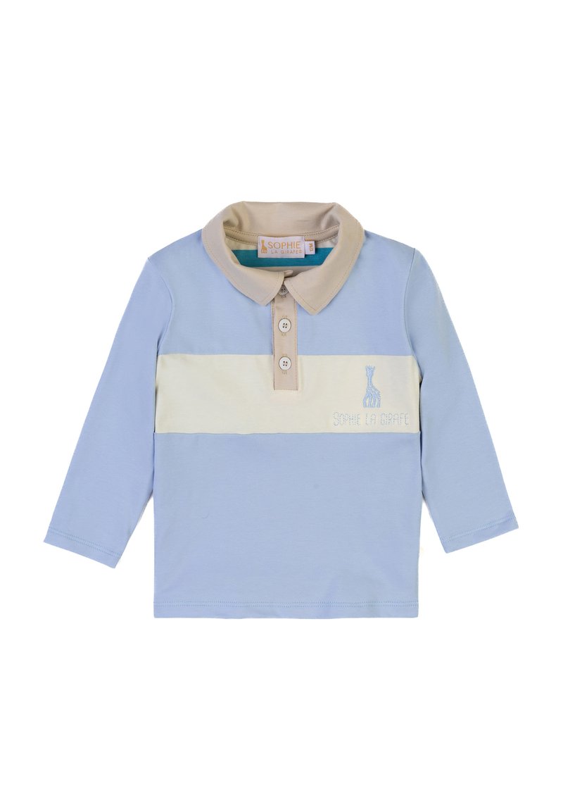 Polo a maniche lunghe azzurro chiaro con colletto beige e striscia orizzontale color crema. Presenta tre bottoni e un logo ricamato.