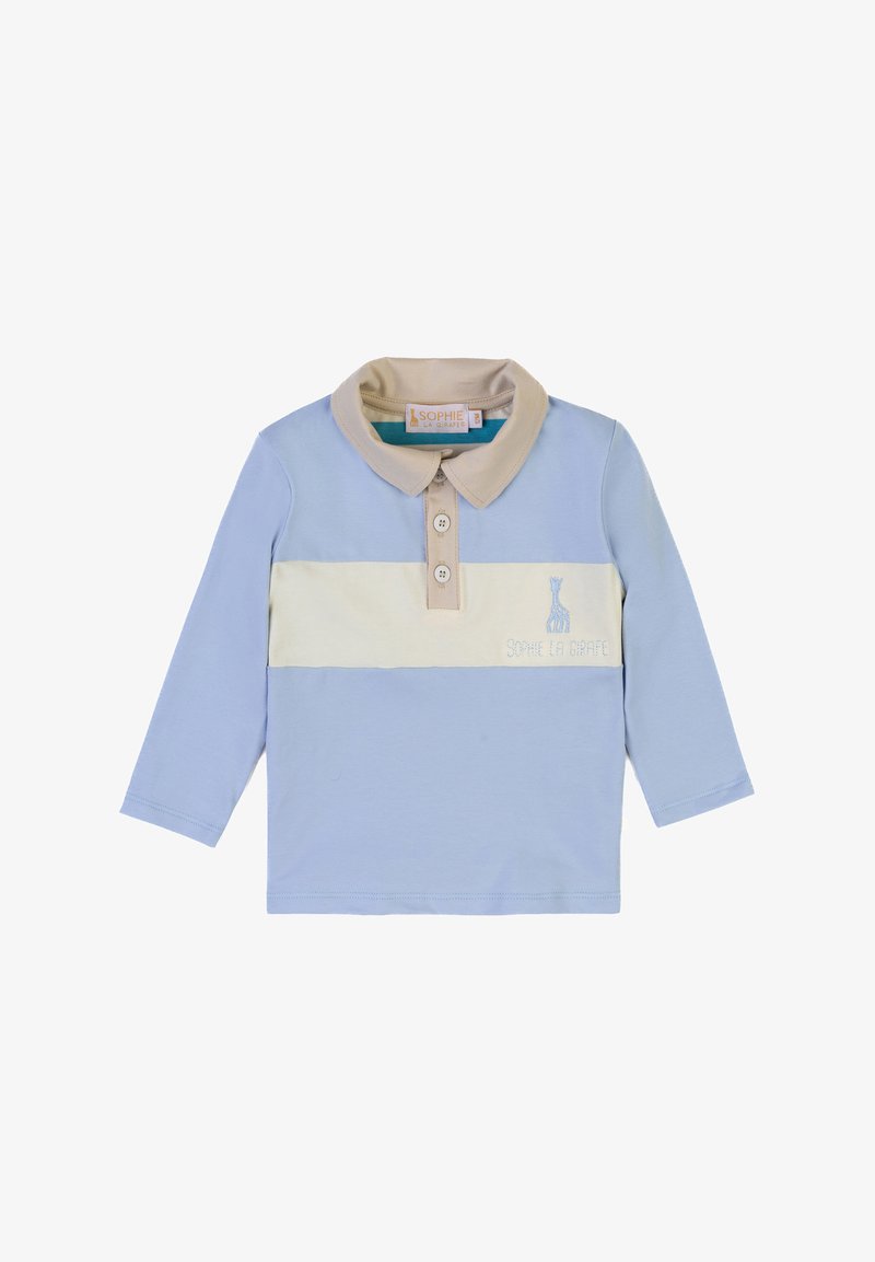 Polo a maniche lunghe azzurro chiaro con colletto beige e striscia orizzontale color crema. Presenta tre bottoni e un logo ricamato.