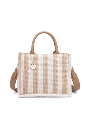 Sac cabas rectangulaire avec des rayures verticales beige et blanches, deux poignées courtes, une bandoulière amovible et une étiquette de marque ronde beige.