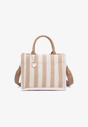 Rechteckige Tragetasche mit beigen und weißen vertikalen Streifen, zwei kurzen Griffen, abnehmbarem Schulterriemen und rundem beigem Markenschild.