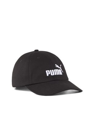 Cappellino da baseball nero in tessuto con visiera curvata. Presenta il logo "PUMA" ricamato in bianco e la silhouette di un puma sulla parte anteriore.