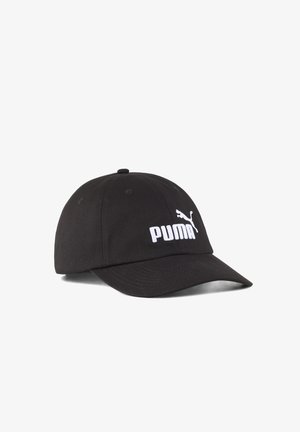Cappellino da baseball nero in tessuto con visiera curvata. Presenta il logo "PUMA" ricamato in bianco e la silhouette di un puma sulla parte anteriore.