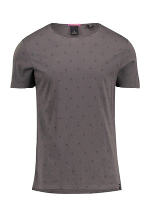 T-shirt gris foncé à manches courtes avec petits motifs de palmiers noirs et col rond.