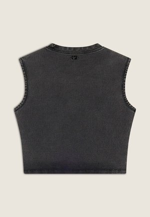 Top in denim nero cropped senza maniche, con scollatura tonda e dettagli di cucitura minimi. Texture liscia con una forma aderente.