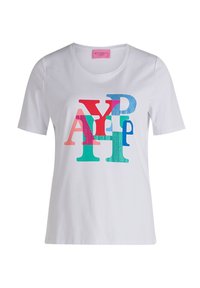 Witte katoenen t-shirt met korte mouwen, voorzien van meerkleurige letters "A Y P H" in verschillende stijlen en texturen op de voorkant.