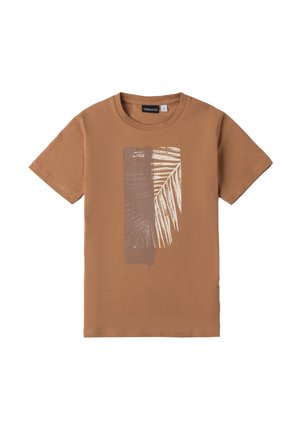 T-shirt marrone a maniche corte in cotone, con una grafica di foglia di palma in crema e marrone scuro sulla parte anteriore. Collo rotondo.