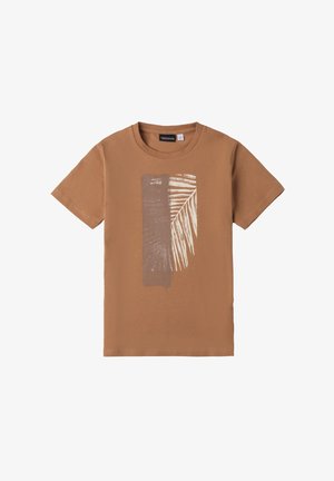 Camiseta de algodón de manga corta en color marrón, con un gráfico de hoja de palma en color crema y marrón oscuro en la parte frontal. Cuello redondo.