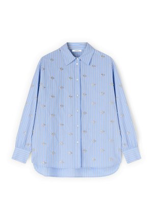 Hellblaues langärmliges Hemd mit vertikalen weißen und pfirsichfarbenen Streifen und kleinen silbernen Sternstickereien auf dem Stoff.