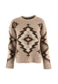 Brown and beige patterned sweater with geometric designs, round neckline, ribbed cuffs, and hem. Made from a soft, textured fabric.