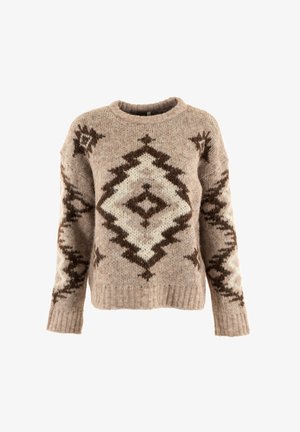 Pull marron et beige à motifs avec des designs géométriques, col rond, poignets et ourlet côtelés. Fabriqué à partir d'un tissu doux et texturé.