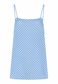 Lyseblå top med tynde stropper, prydet med et lille blomstermønster i mørkere blå, lavet af blødt stof med en glat overflade.