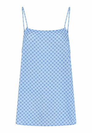 Hele sinine kampsun hõhukeste sangadega, millel on väikene lillemuster tumedamas sinises, valminud pehmest kangast, millel on sile tekstuur.