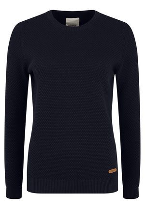 Marineblauer Strickpullover mit strukturiertem Wabenmuster, Rundhalsausschnitt und ribbeligen Bündchen. Kleines braunes Logoetikett an der unteren Seite.