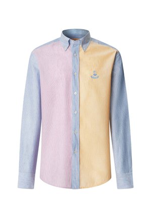 Long-sleeve button-up shirt with blue collar and sleeves, pink left front panel, yellow right front panel, and small embroidered logo on chest.