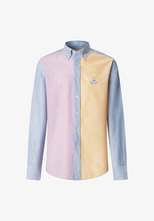 Long-sleeve button-up shirt with blue collar and sleeves, pink left front panel, yellow right front panel, and small embroidered logo on chest.
