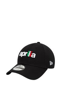 Cappellino da baseball nero con il logo ricamato "aprilia" in bianco, verde e rosso. Presenta una visiera curva e una cintura regolabile sul retro.