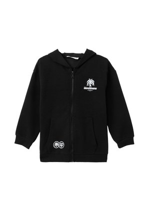 Czarna bluza z kapturem na zamek błyskawiczny, wykonana z teksturowanej tkaniny, z przednią kieszenią i białym logo palmy. Zawiera ściągacze przy mankietach i u dołu.