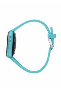 Orologio in silicone turchese con quadrante nero, decorato con una fila di cristalli chiari lungo il lato, dotato di una chiusura a fibbia argentata.