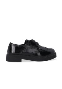 Zwarte leren oxford schoenen met een glanzende afwerking, voorzien van ingewikkelde brogue-details, ronde neus en een stevige zwarte rubberen zool.