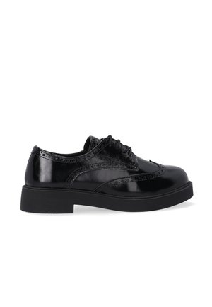 Schwarze Leder-Oxford-Schuhe mit glänzender Oberfläche, ausgefallener Broguedekoration, runder Zehenform und einer stabilen schwarzen Gummisohle.