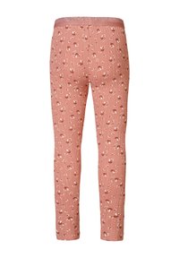 Rosa ribbade byxor med en glittrig midja, med ett blommigt mönster i röd och vit. Slim fit med vertikala linjer genom hela plagget.