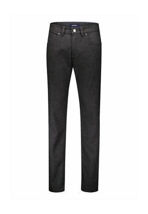 Zwarte spijkerbroek van denim met een rechte snit, ontwerp met vijf zakken en een knoopsluiting. Heeft een subtiele textuur en een nette afwerking.