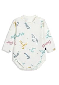 Body niemowlęce z długim rękawem w białym kolorze wykonane z bawełny, zdobione kolorowym wzorem liści w odcieniach teal, szarości, żółtego i różowego. Zapięcie na zatrzask w dolnej części.