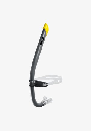 Snorkel with a gray body and yellow tip, featuring a clear mouthpiece and an adjustable black strap for securing. Ideal for underwater use.