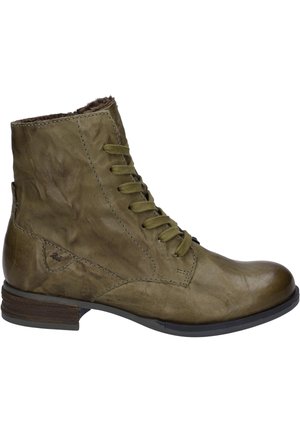 Olivgrüner Leder-Stiefelette mit Schnürung, strukturiertem Finish, runder Zehenpartie und kleinem, gestapeltem Absatz. Verfügt über braune Nähte und Details.