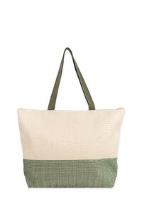 Gran bolsa de tote hecha de tela tejida, con una parte superior beige y un fondo verde texturizado. Incluye dos asas verdes resistentes.