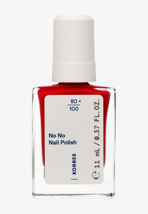 Roter Nagellack in einer klaren Glasflasche mit einem weißen Deckel. Das Etikett enthält den Produktnamen "No No Nagellack" und ein Volumen von 11 ml.