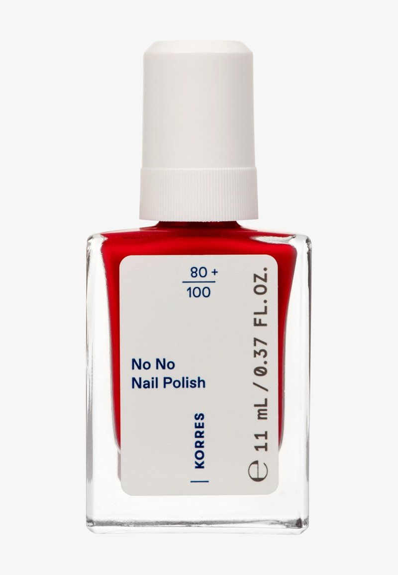 Smalto rosso in una bottiglia di vetro trasparente con un tappo bianco. L'etichetta include il nome del prodotto "No No Nail Polish" e il volume di 11 mL.