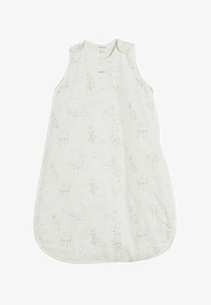 Weißer Schlafsack mit verspielten, neutralen Mustern aus Wolken, Monden und lustigen Figuren. An den Schultern mit Druckknöpfen befestigt.