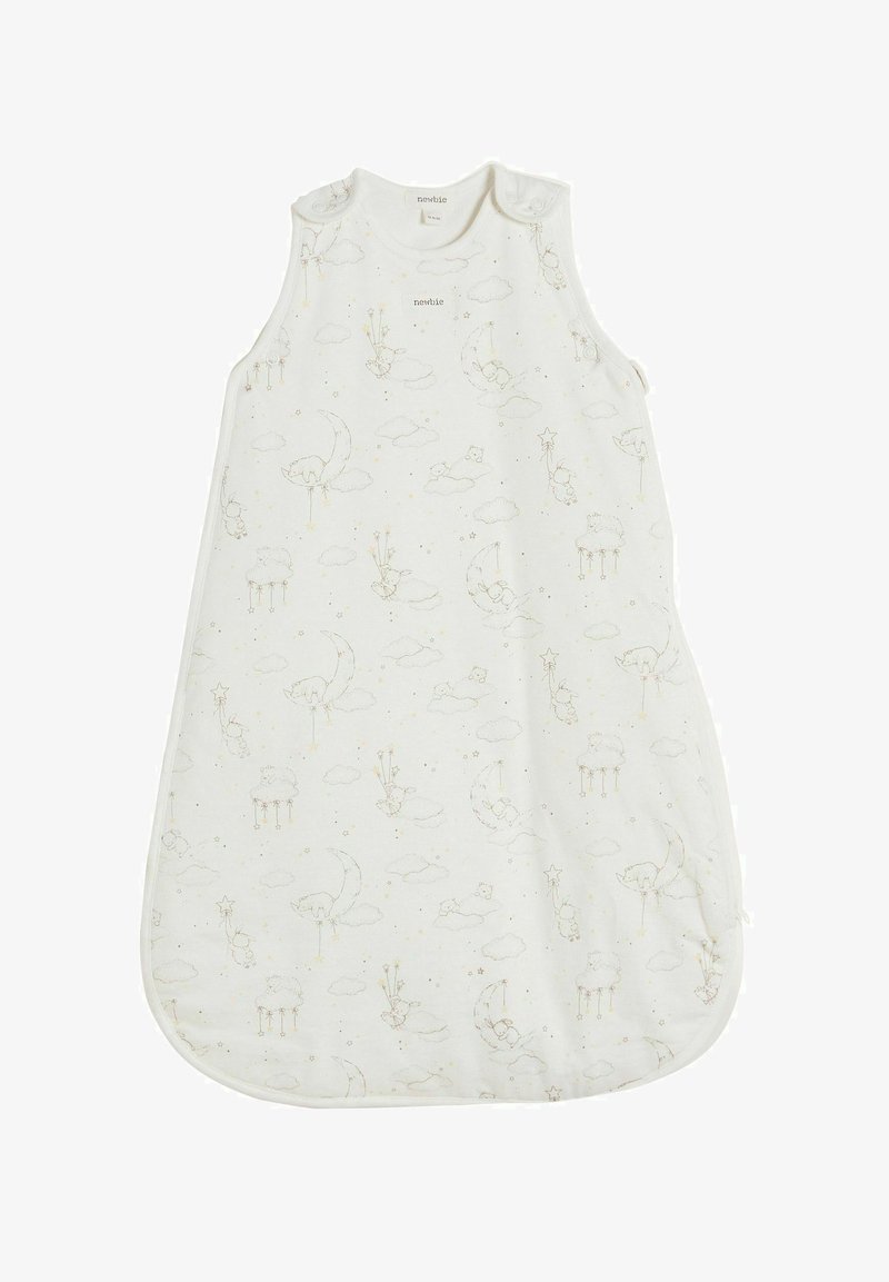 Hvid sovepose med fantasifulde neutrale mønstre af skyer, måner og legende figurer. Fastgjort med trykknapper ved skuldrene.