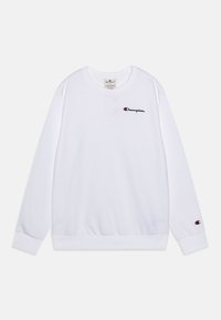 Vit bomullströja med långa ärmar, ribbade muddar och fåll. Har en liten broderad röd och blå Champion-logga på bröstet och ärmen.