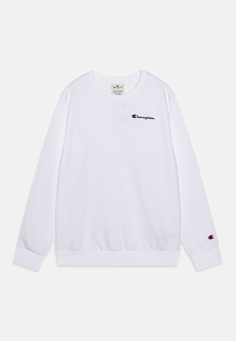 Vit bomullströja med långa ärmar, ribbade muddar och fåll. Har en liten broderad röd och blå Champion-logga på bröstet och ärmen.