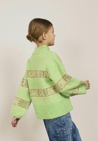 Green knit sweater with ribbed collar and cuffs, featuring light brown patterned stripes that read "CARE ON LOVE," worn over blue denim pants.
