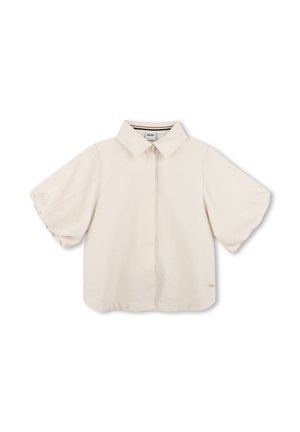 Crèmekleurige blouse met korte mouwen, een puntkraag en verborgen knopen, met een losse pasvorm en een klein goudkleurig logolabel aan de zoom.