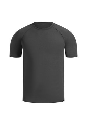 Short-sleeve black t-shirt made from smooth fabric, featuring a round neckline and raglan sleeves for a fitted shape.