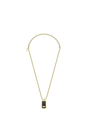 Gold chain necklace with a black rectangular pendant featuring a small gold emblem in the center.