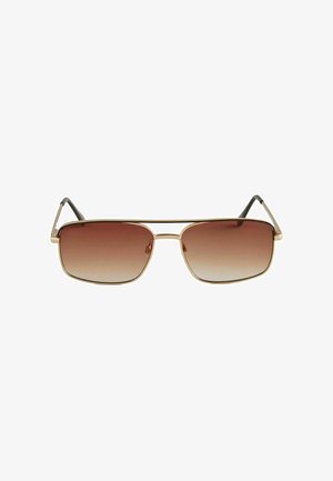 Rectangular sunglasses with gold metal frame and brown gradient lenses, black temple tips, front view on white background.