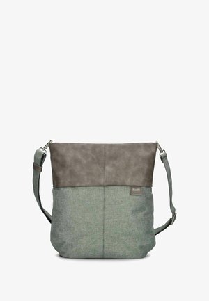 Sac à bandoulière bicolore gris avec sangle réglable, partie supérieure en cuir, partie inférieure en tissu, et petite étiquette logo "Zwei" à l'avant.