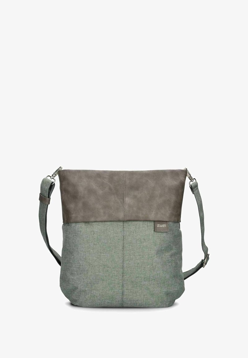 Borsa a tracolla bicolore grigia con cinturino regolabile, parte superiore in pelle, parte inferiore in tessuto e piccola targhetta con logo "Zwei" sul davanti.