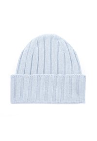 Cappello di lana azzurro chiaro a maglia con una texture a coste e risvolto. Realizzato in filato morbido, presenta punti uniformi e una vestibilità aderente.