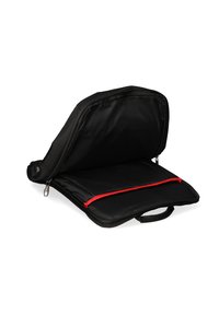 Sac à ordinateur portable noir avec un extérieur lisse, des accents intérieurs rouges et une poignée de transport robuste. Équipé d'une fermeture éclair et d'un compartiment intérieur.
