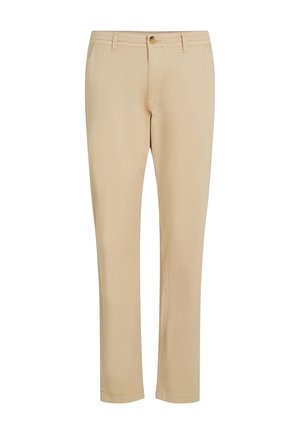 Beige bukser med lige ben-design, der har lynlås og knaplukning, lavet af glat stof med diskrete syninger.