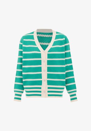 Zöld és fehér csíkos kardigán, könnyű kötött anyagból, V-nyakkivágással, gombos záródással, és díszítő gombokkal az elején. Hosszú ujjak.
